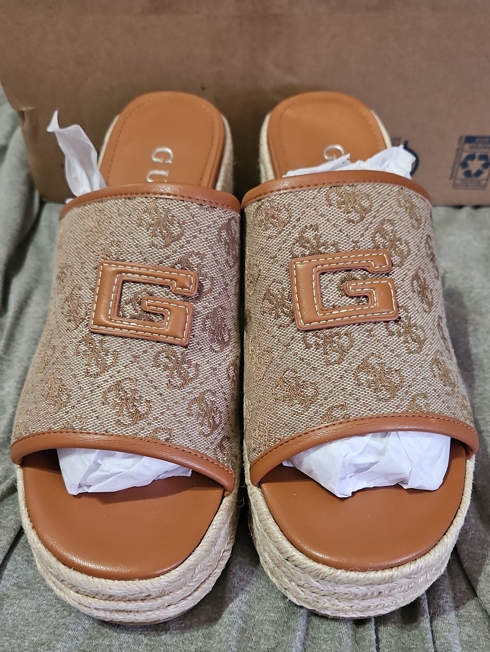 Guess Tan Brown Monogram Platform Slide Mules